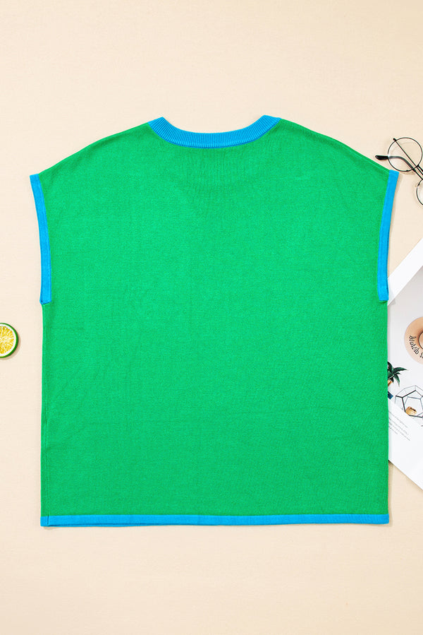 Contrast Trim Round Neck Short Sleeve Loose Knit Sweater