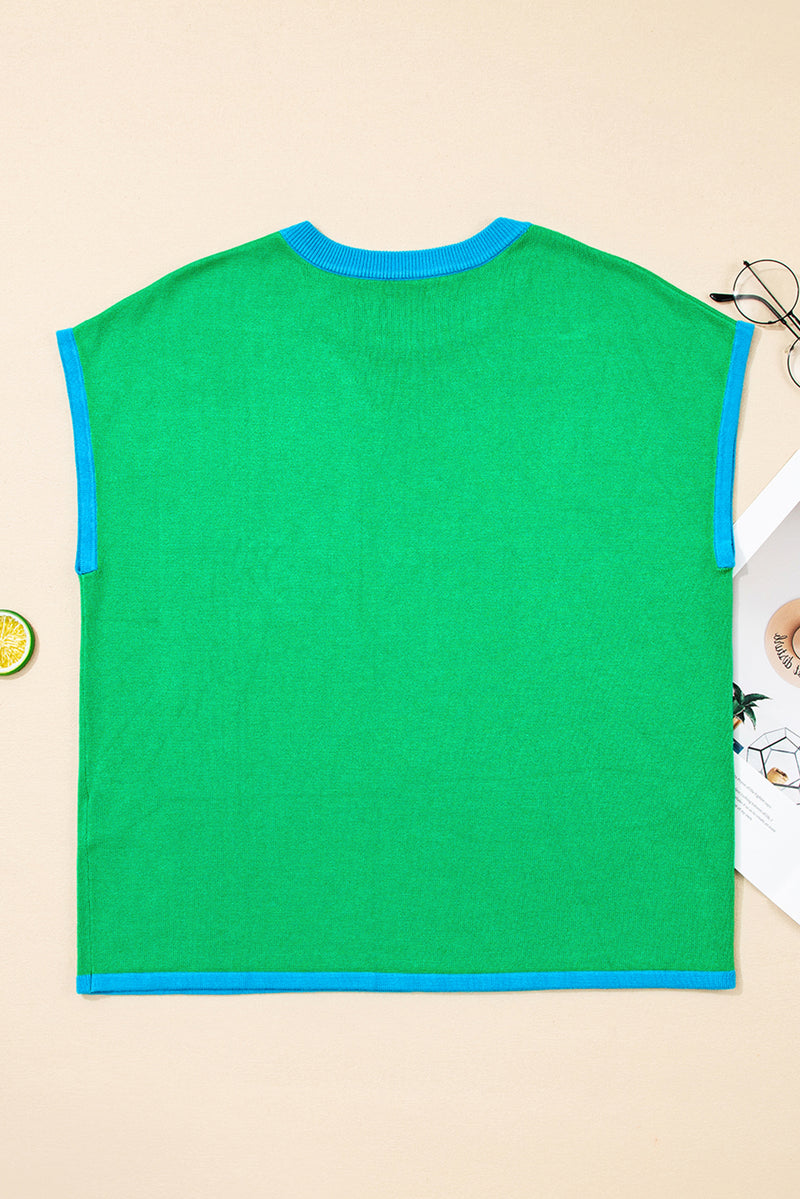 Contrast Trim Round Neck Short Sleeve Loose Knit Sweater