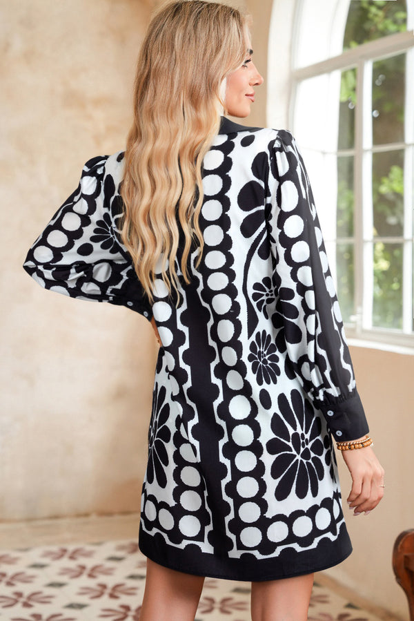 Polka Dot Floral Printed V Neck Long Sleeve Shift Mini Dress