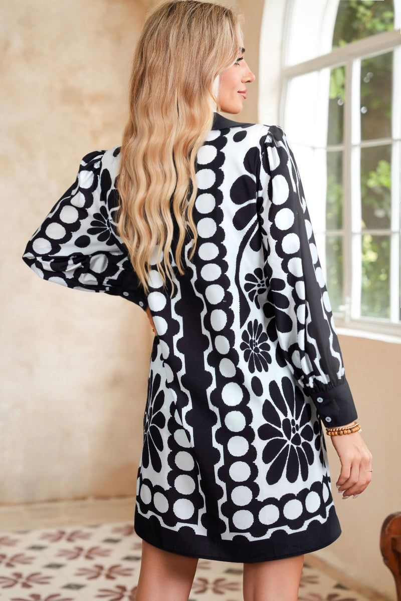 Polka Dot Floral Printed V Neck Long Sleeve Shift Mini Dress