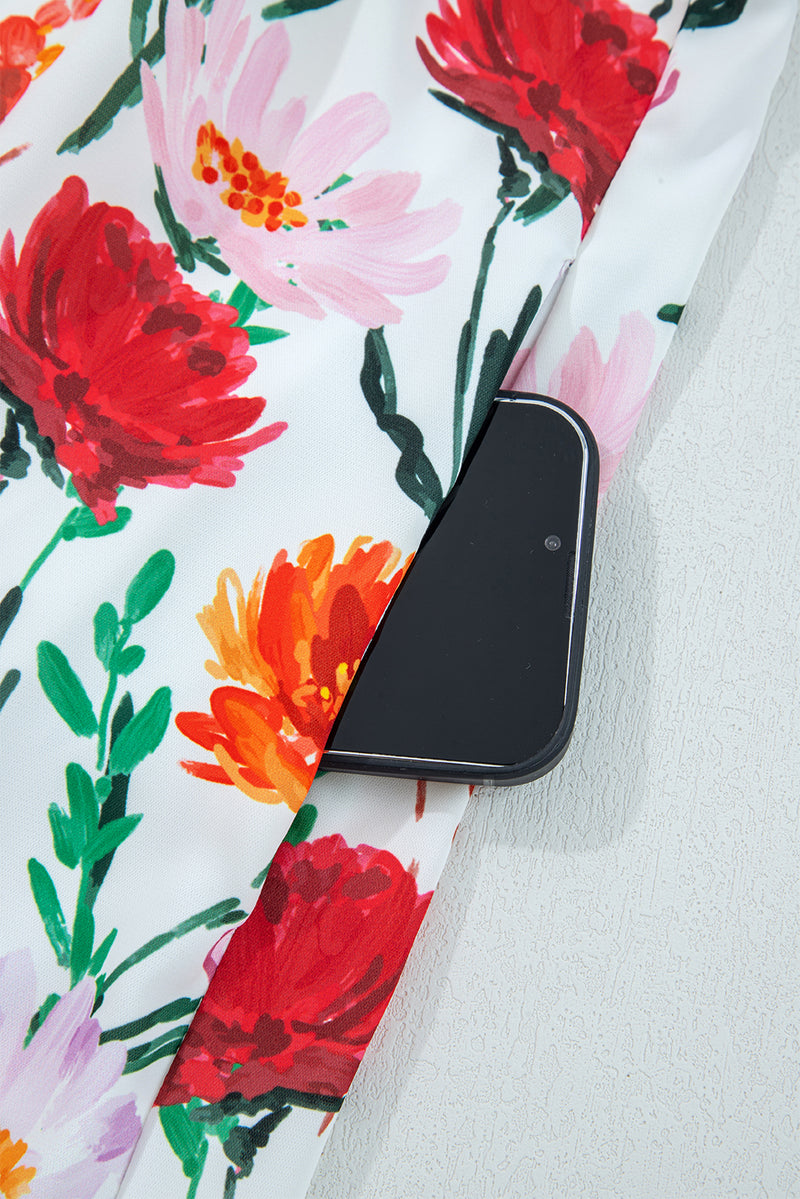 Multicolour Floral Print 3/4 Puff Sleeve Ricrac Trim Mini Dress