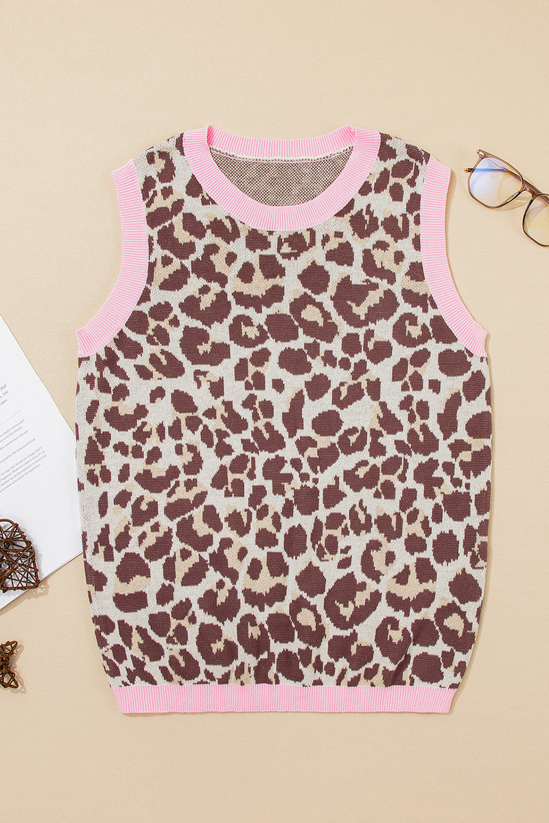 Leopard Pattern Contrast Ribbed Trim Sweater Vest
