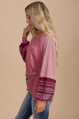 Contrast Print Striped Raglan Long Sleeve Loose Top