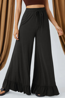 Ruffled Wide Leg Pull On High Waist Pants with Pockets
