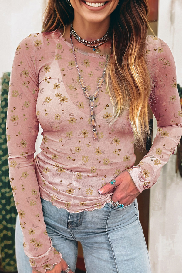 Vintage Floral Print Southern Style Mesh Long Sleeve Top