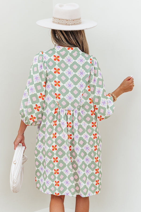 Geometric Floral Print 3/4 Sleeve Notched Neck Mini Dress