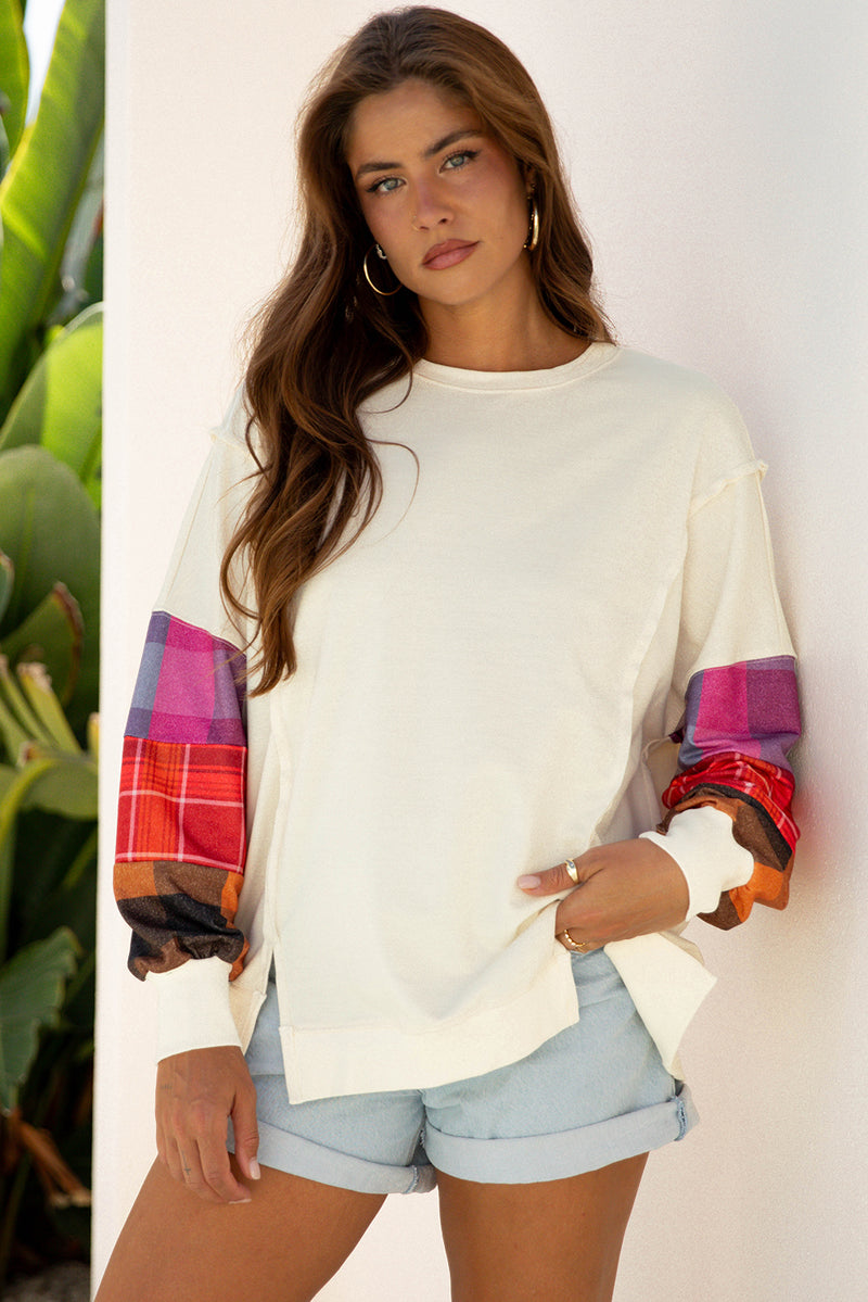 Contrast Plaid Long Sleeve Exposed Seam Patchwork Top