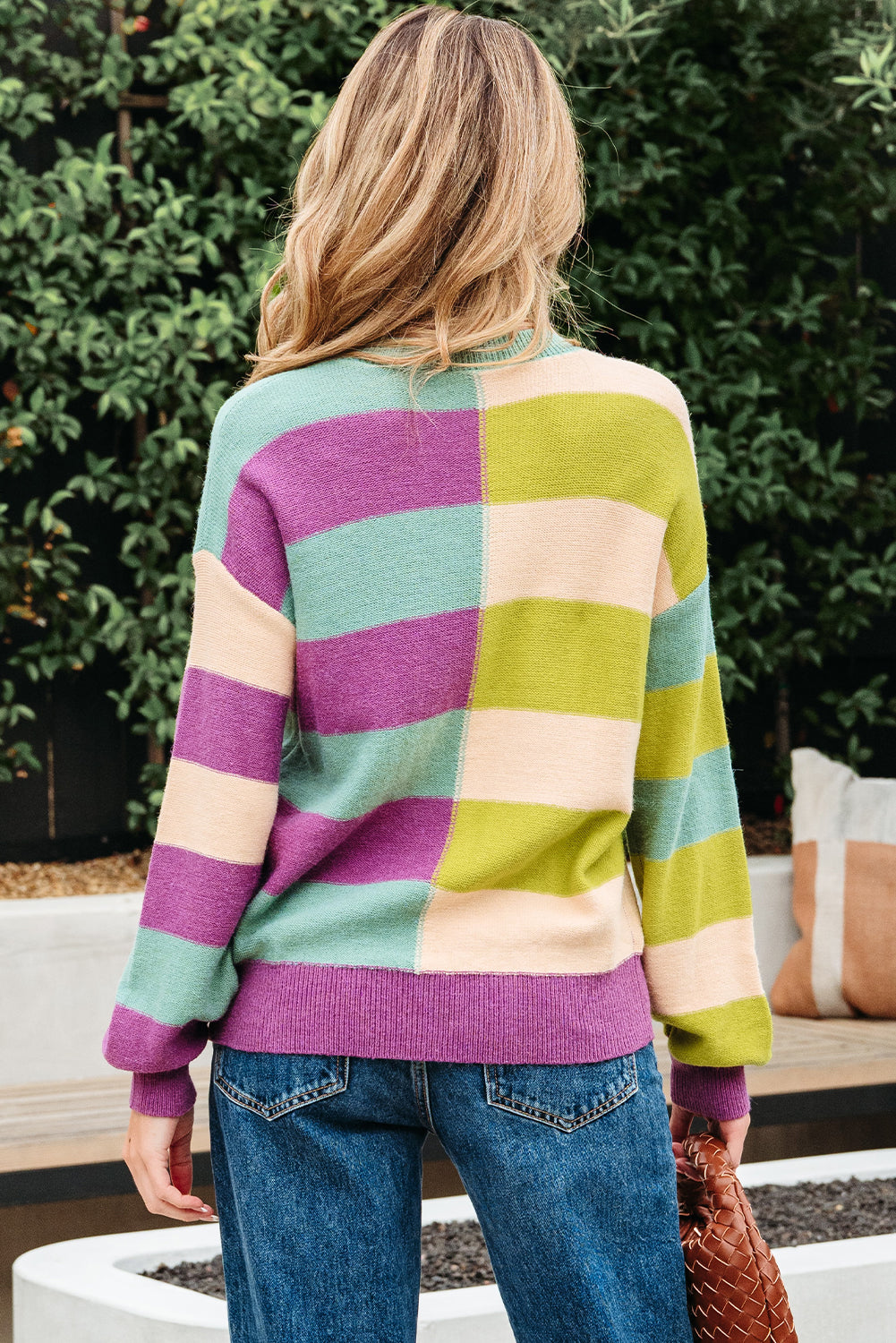 Stripe Drop Shoulder Ribbed Edge Casual Sweater