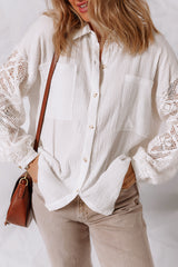Cotton Gauze Lace Patchwork Long Sleeve Shirt