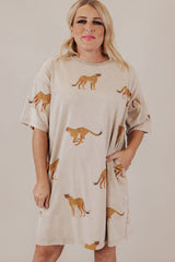Plus Size Cheetah Print Side Pockets T Shirt Mini Dress