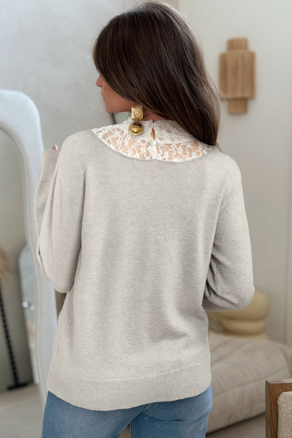 Button Keyhole Lace Patchwork Drop Shoulder Sweater