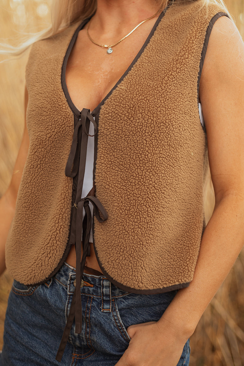 French Beige Contrast Trim Tie Front Sherpa Vest