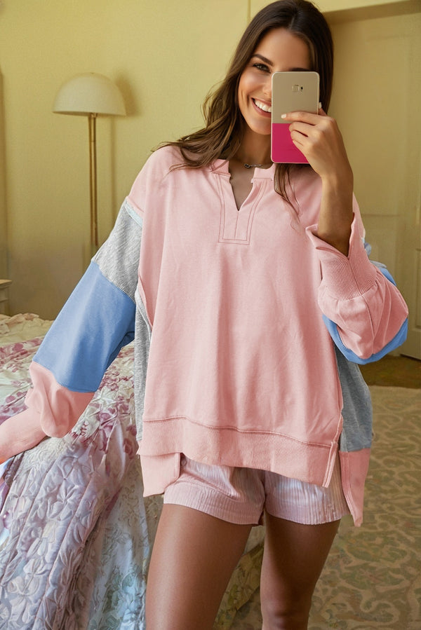 Pink Exposed Seam Color Block Patchwork Slit Cuffs Oversize Sweatshirt