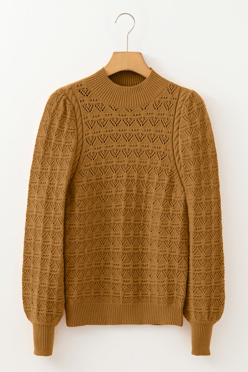 Hollow Out Crochet Ribbed Edge Balloon Sleeve Sweater
