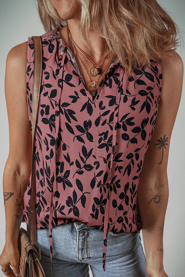 Leaf Print Lace-up V Neck Crinckled Tank Top