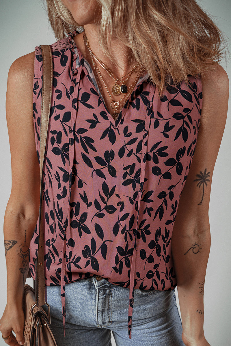 Leaf Print Lace-up V Neck Crinckled Tank Top