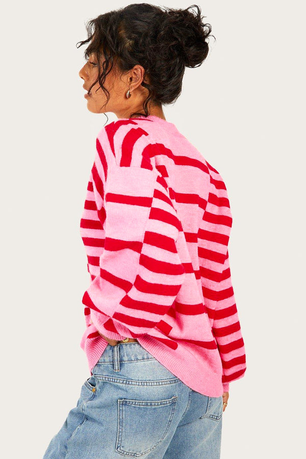Stripe Bubble Sleeve Drop Shoulder Ribbed Trim Sweater