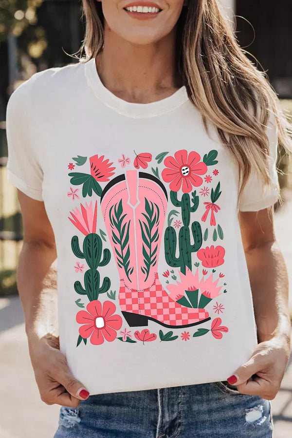 Western Boots Flower Print Round Neck T Shirt