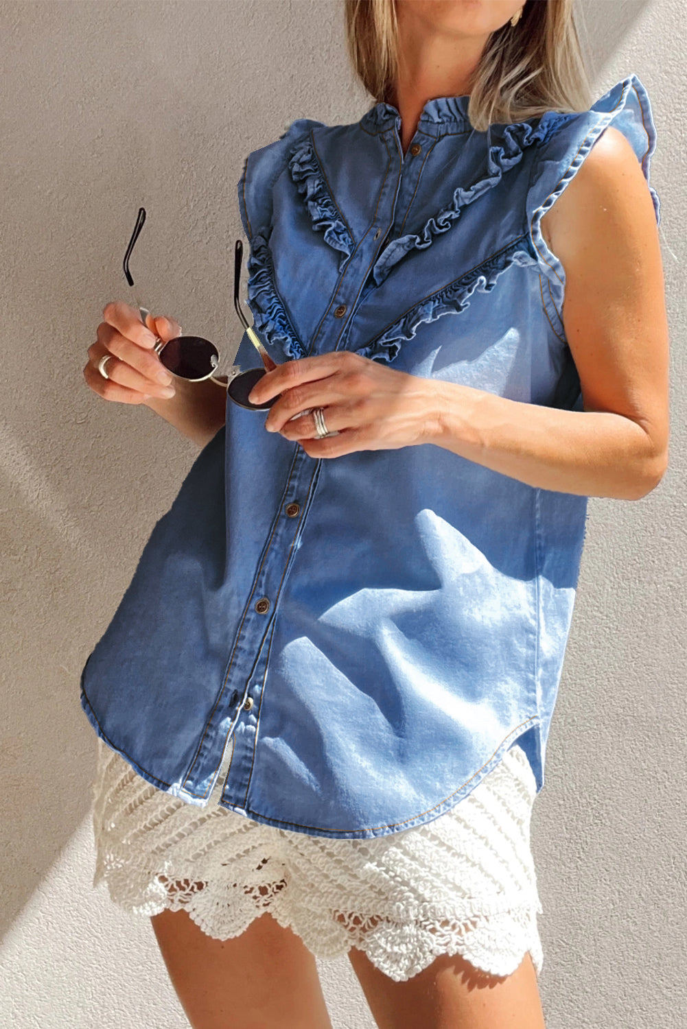 Mineral Wash Frilled Button Up Denim Flutter Shirt