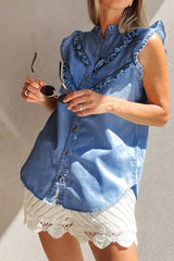 Mineral Wash Frilled Button Up Denim Flutter Shirt