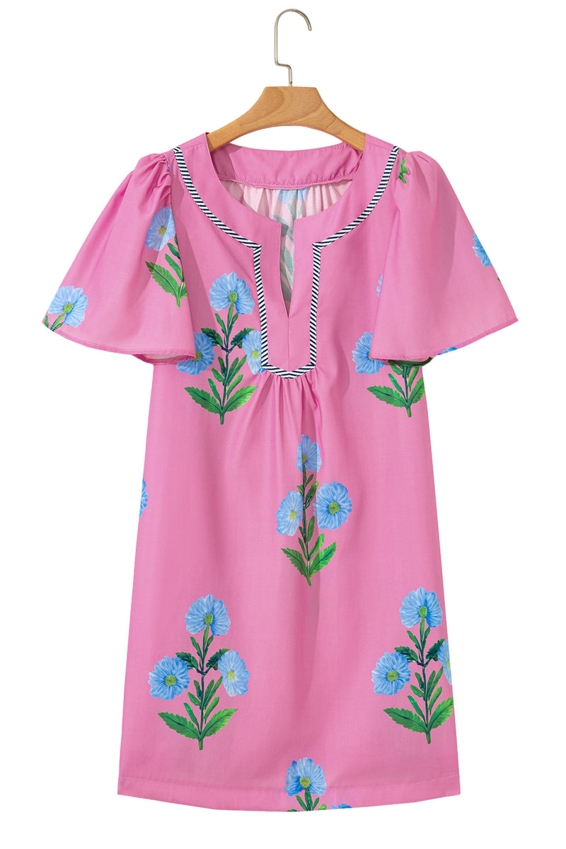 Floral Short Sleeve Split Neck Loose Mini Dress