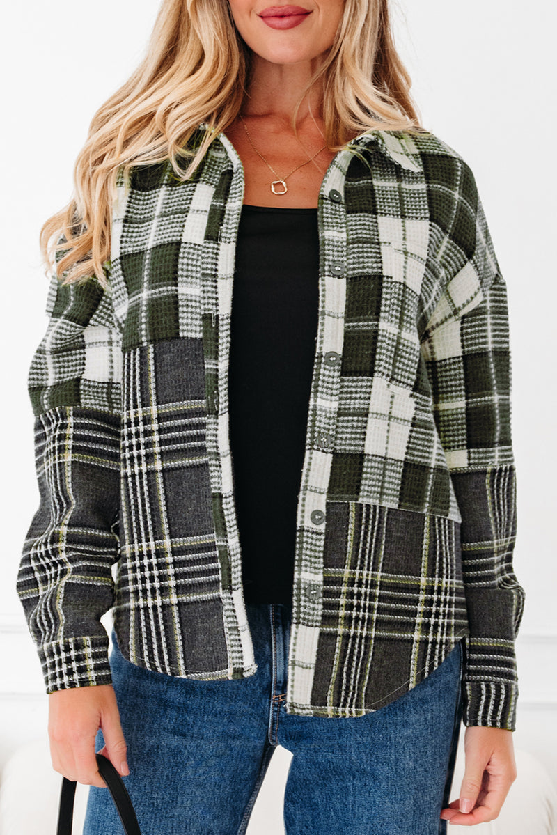 Plaid Print Textured Knit Buttoned Shacket