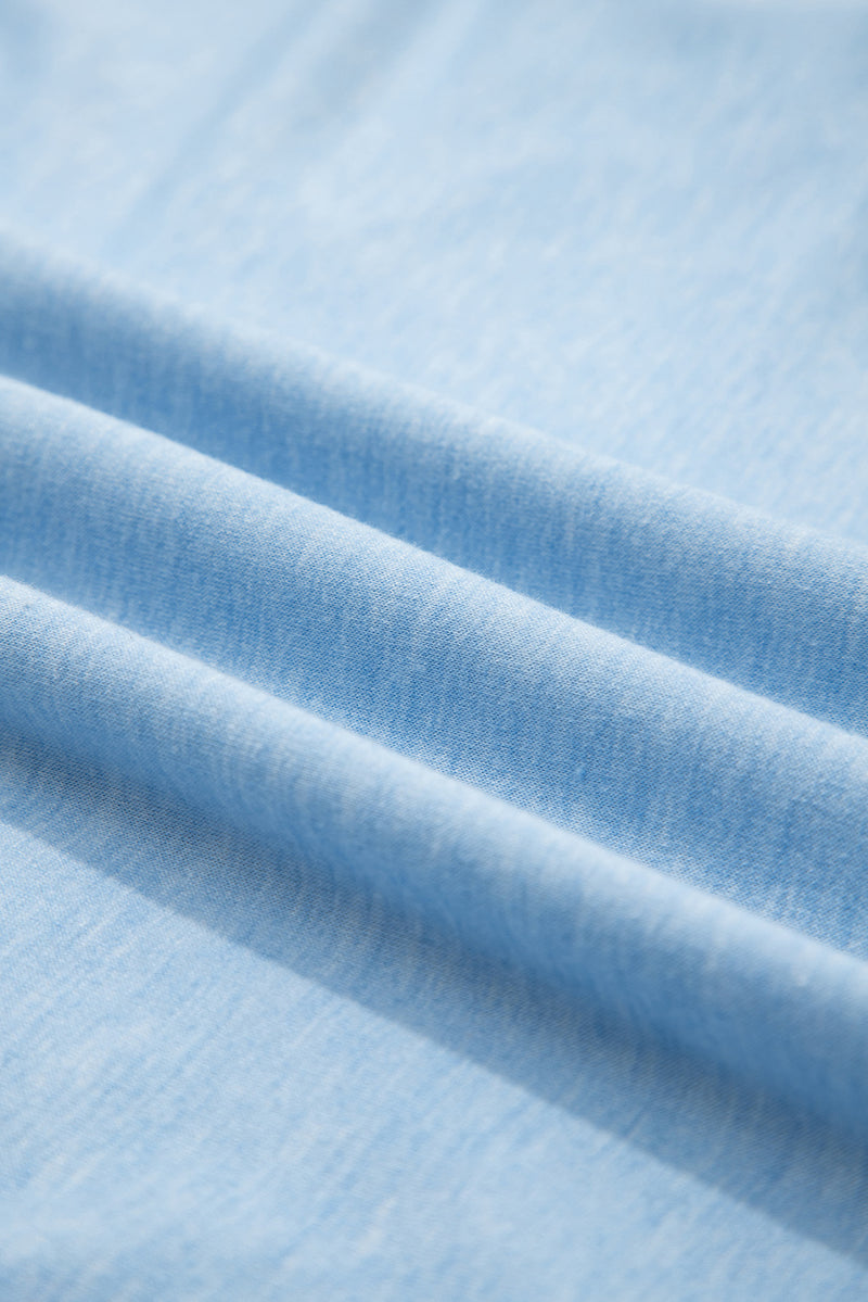 Sky Blue Notched Neck Terry Raw Hem Long Sleeve Top