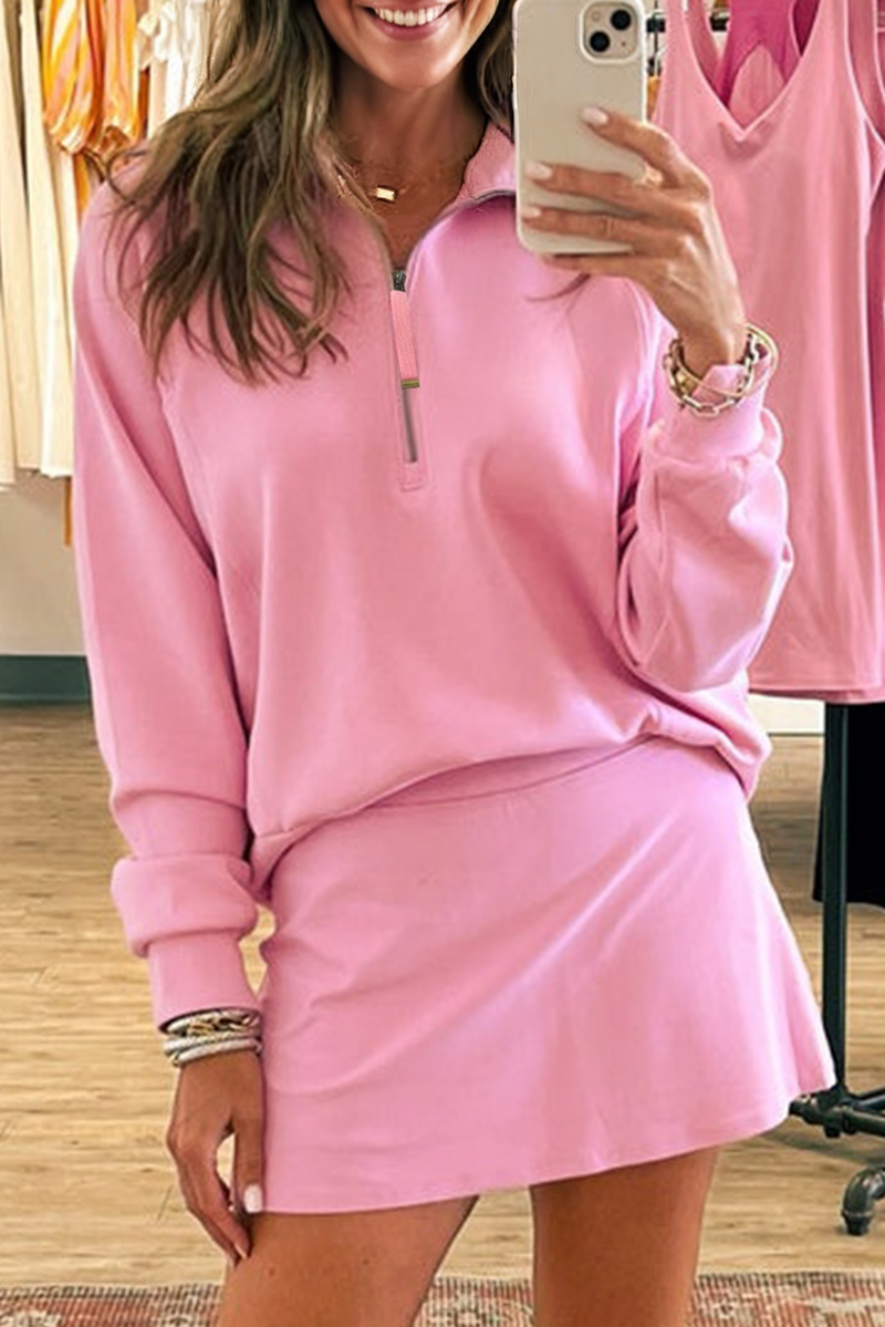 Half Zip Sporty Pullover Mini Skirt 2pcs Outfit