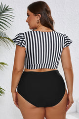 Stripe Plus Size Knot Cutout Ruffle Sleeve and High Waisted 2pcs Swimsuit