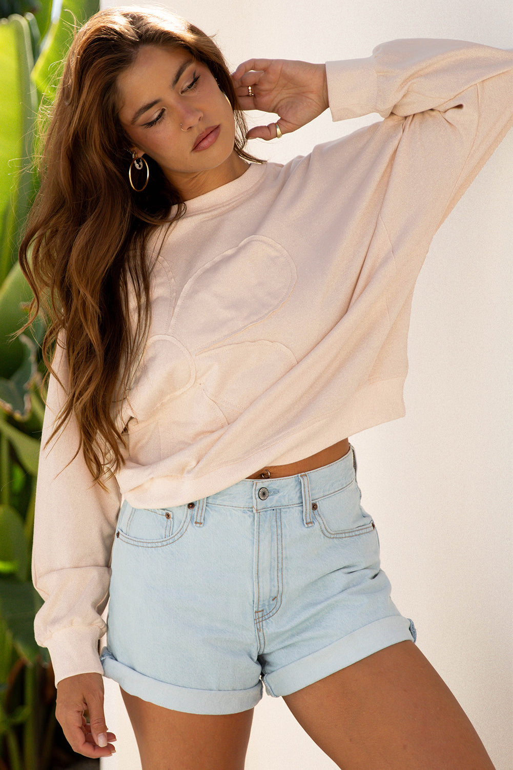 Raw Edge Flower Patch Drop Shoulder Casual Top