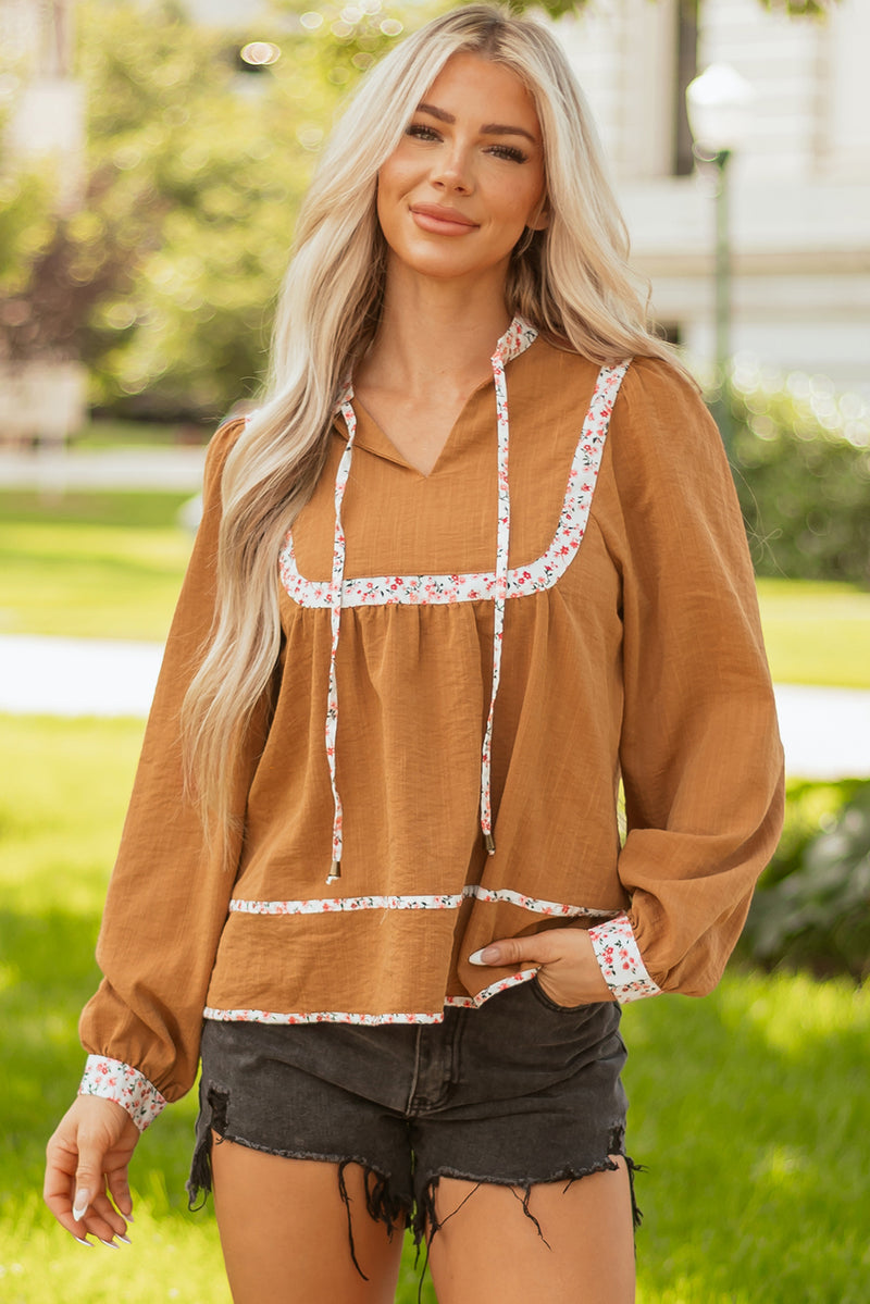 Split Neck Pleated Floral Trim Long Puff Sleeve Blouse