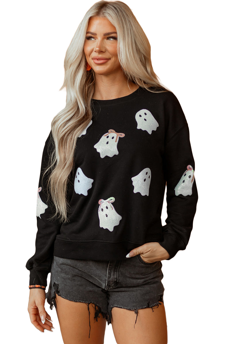 Sequin Cute Bow Ghost Graphic Crew Neck Halloween Sweatshirt