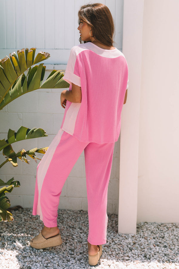 Two-tone Colorblock Patchwork Corded 2pcs Outfit
