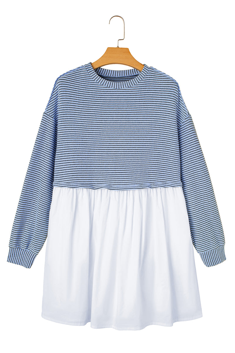 Stripe Patchwork Pleated High Waist Loose Mini Dress