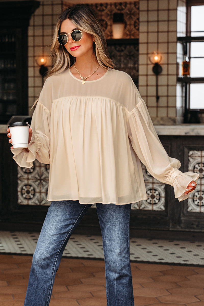 Beige Pleated Ruffle Long Sleeve Chiffon Blouse