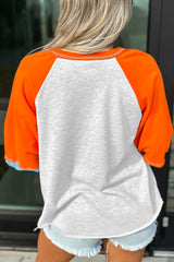 HELLO PUMPKIN Patched Graphic Colorblock Bubble Sleeve Raglan Top