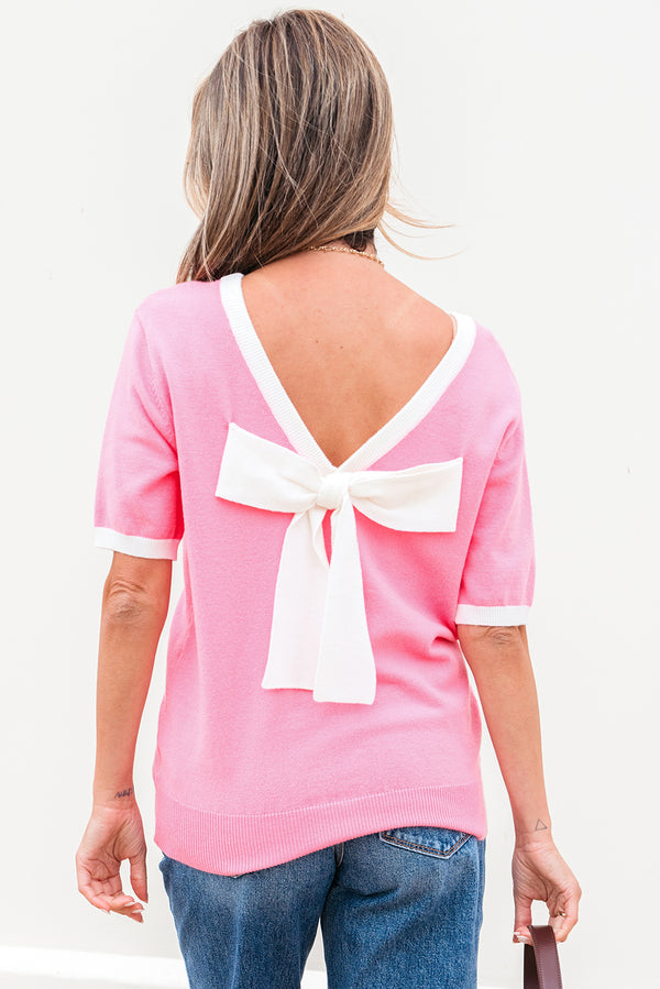 Colorblock Bow V-Shape Cut Back Short Sleeve Sweater