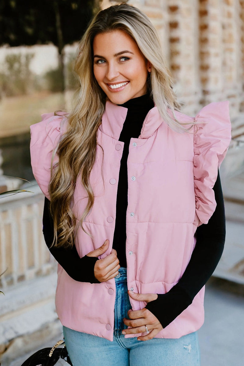 Stand Neck Flutter Sleeve Snap Button Puffer Vest