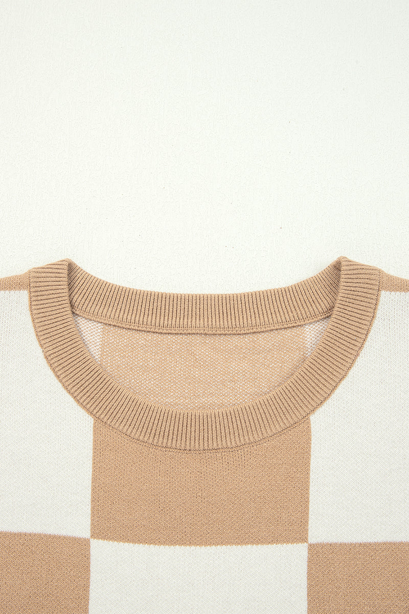 Checkered Pattern Loose Drop Shoulder Half Sleeve Sweater