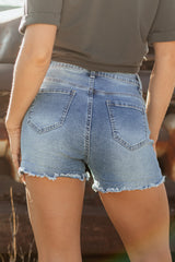 Pearl Beaded Raw Hem Medium Wash Denim Shorts