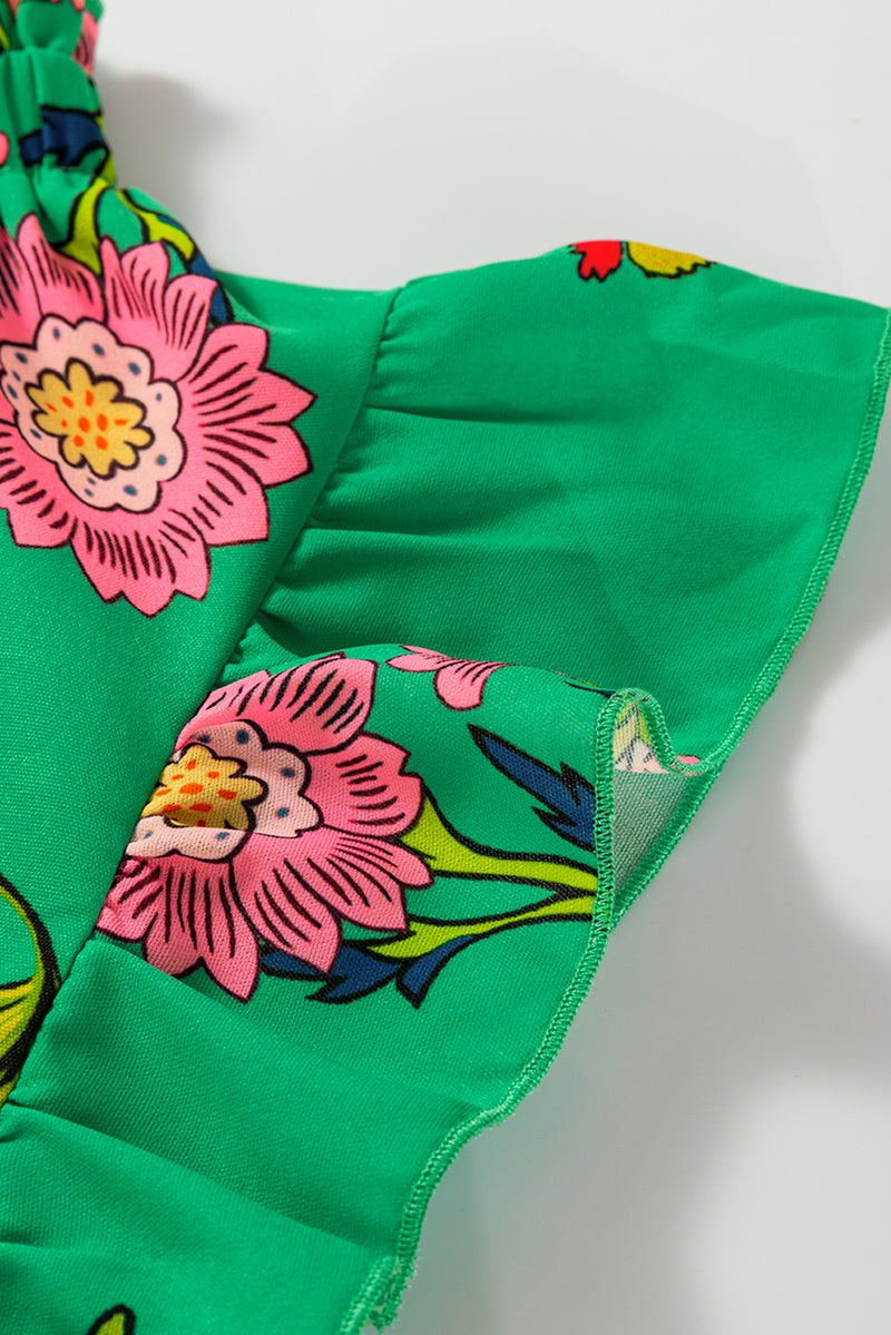 Floral Print Flutter Sleeve Frilly Neck Blouse