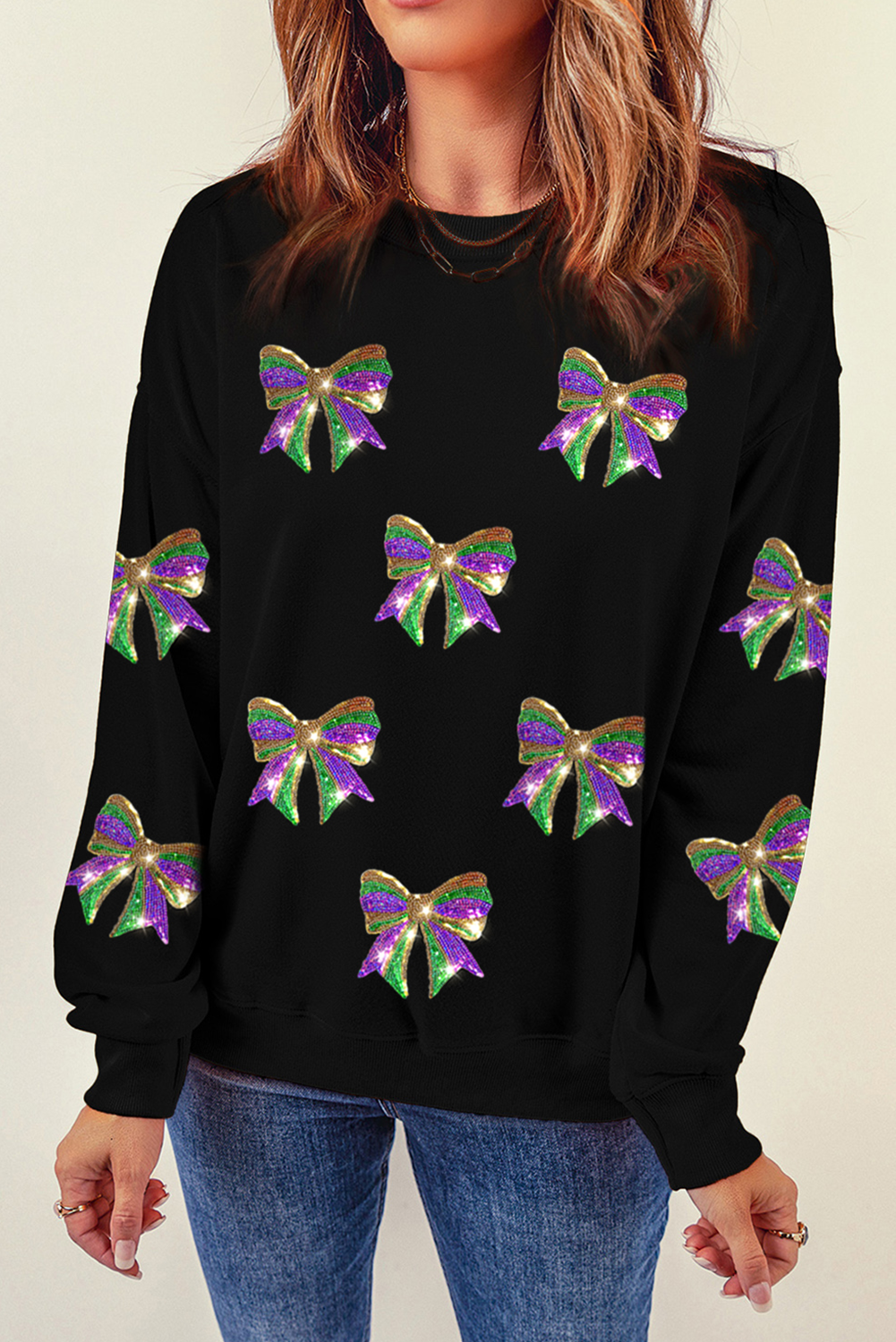 Sequin Mardi Gras Bow Graphic Drop Shoulder Pullover Sweatshirt