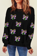 Sequin Mardi Gras Bow Graphic Drop Shoulder Pullover Sweatshirt
