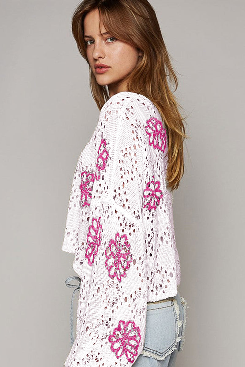 Contrast Flower Print Eyelet Drop Shoulder Sweater