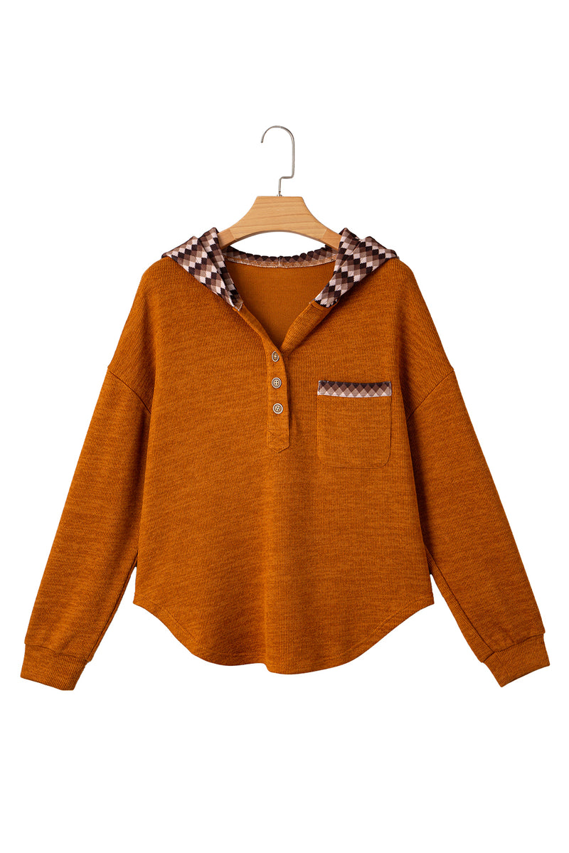 Contrast Plaid Hood Patchwork Chest Pocket Henley Top