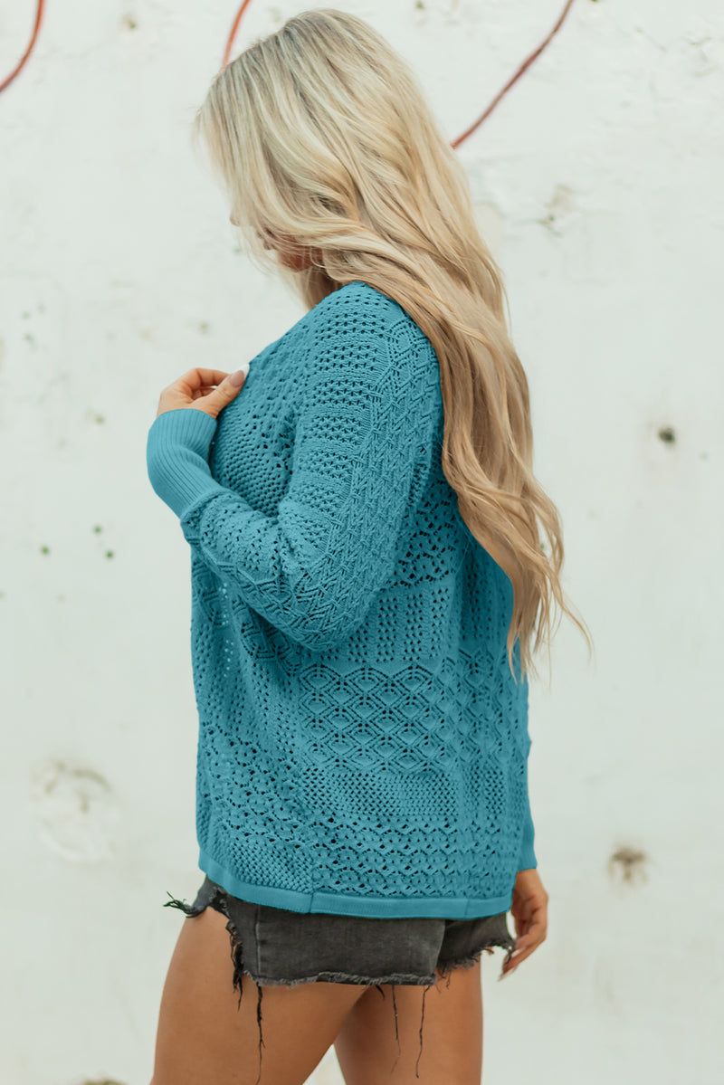 Mix Pattern Hollowed Knit Open Front Cardigan