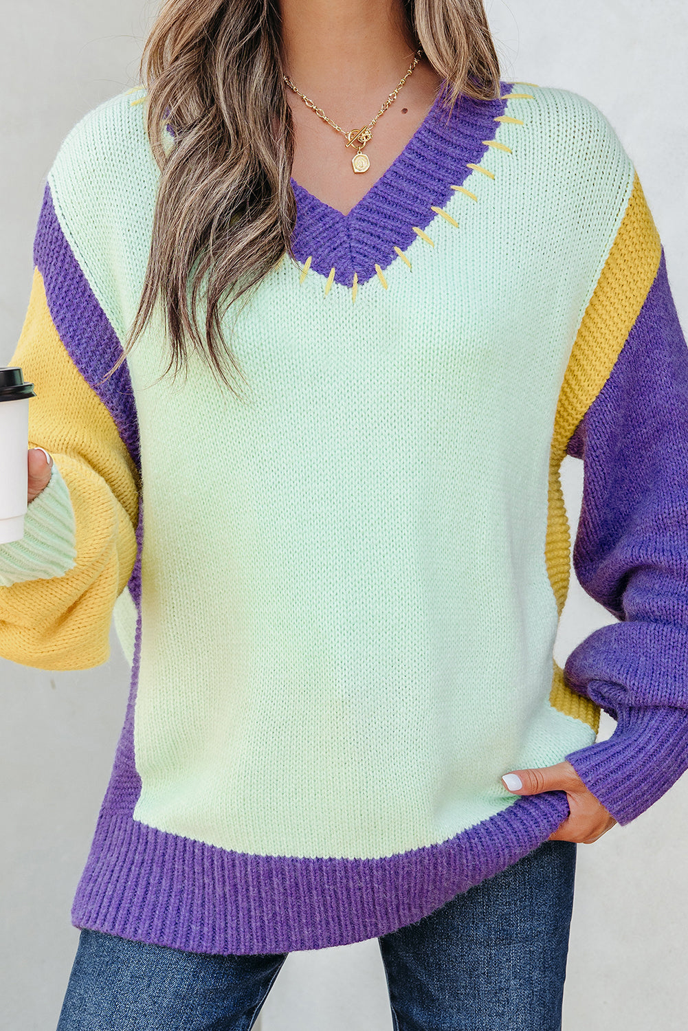 Stitched V Neck Color Block Knitted Drop Shoulder Sweater