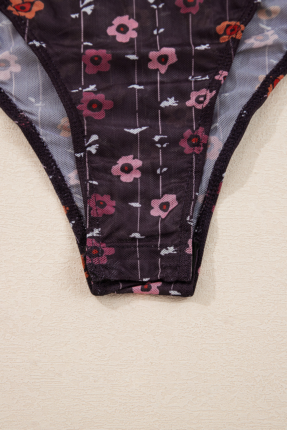Floral Print Smocked Cuff Slim Fit Mesh Bodysuit