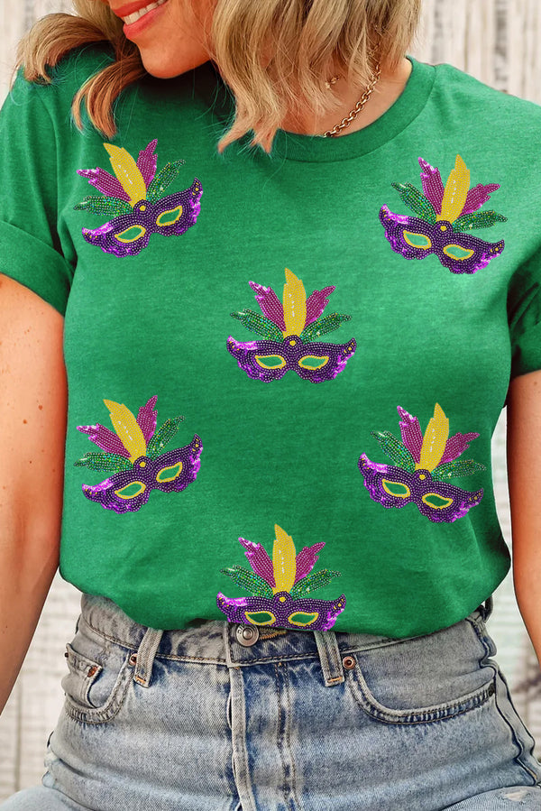 Sequin Mardi Gras Mask Patched Pattern Crewneck Tee