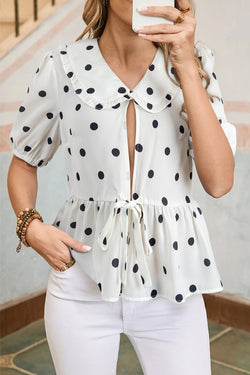 White Polka Dot Collared Lace up Font Puff Sleeve Peplum Top